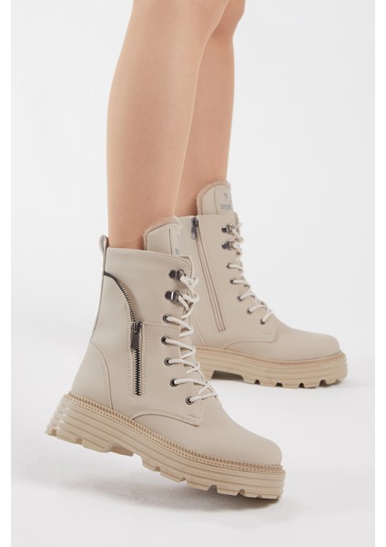 Kadın Krem Cilt Poli Taban Fermuar Detaylı Rahat Kalıp Bağcıklı Bot fiyatları