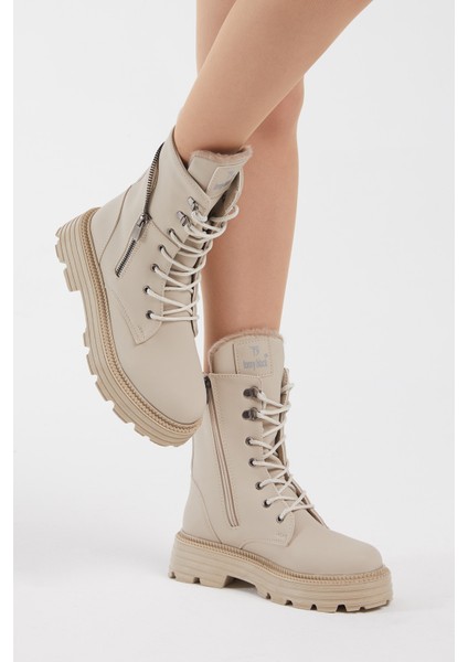 Kadın Krem Cilt Poli Taban Fermuar Detaylı Rahat Kalıp Bağcıklı Bot modelleri