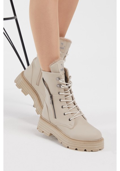 Kadın Krem Cilt Poli Taban Fermuar Detaylı Rahat Kalıp Bağcıklı Bot indirimleri