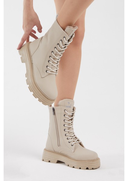 Kadın Krem Cilt Rahat Kalıp Bağcıklı Uzun Bot modelleri