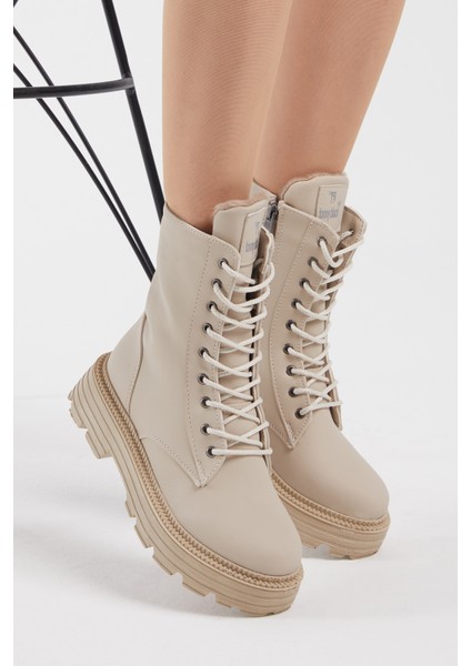 Kadın Krem Cilt Rahat Kalıp Bağcıklı Uzun Bot indirimleri