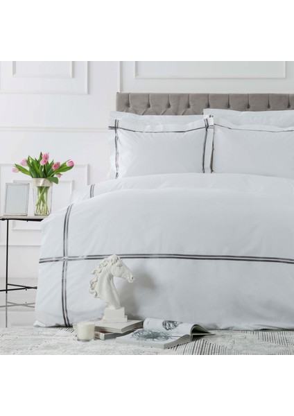 Karaca Home White Collection Valse Gri Saten Şeritli Percale Çift Kişilik Nevresim Takımı