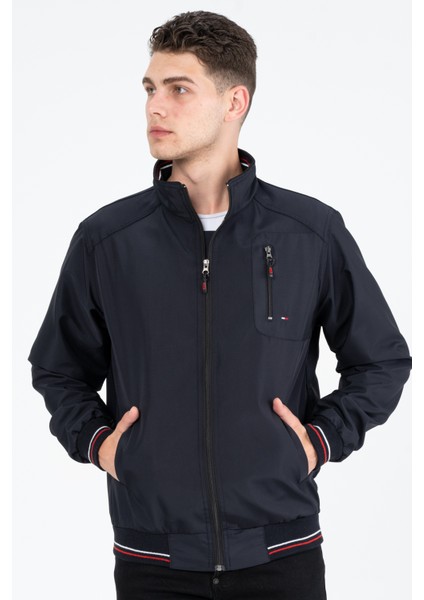 Lacivert Içi Gömlek Astarlı Su ve Rüzgar Geçirmez Mevsimlik Ribaneli Erkek Mont