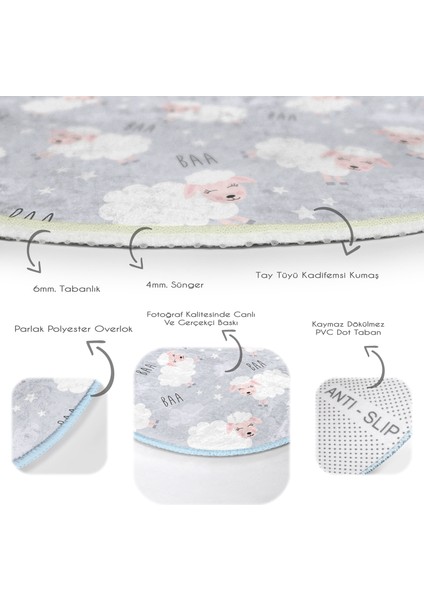 Puanlı Gri Zeminde Koyun Desenli Çocuk & Genç Odası Makinede Yıkanabilir Kaymaz Tabanlı Yuvarlak Çocuk Halısı