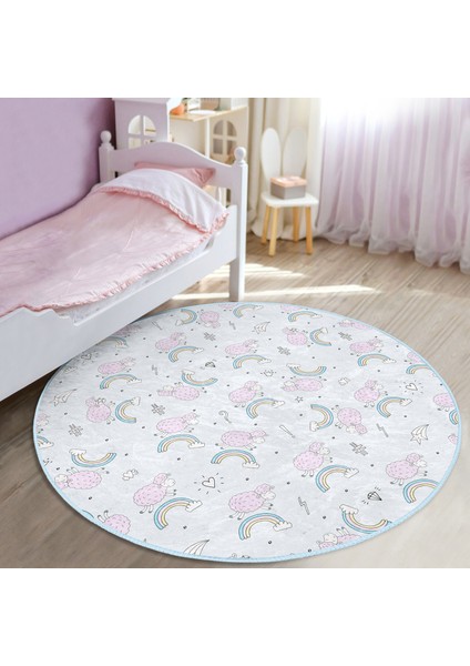 Pembe Koyunlar ve Gökkuşağı Desenli Çocuk & Genç Odası Makinede Yıkanabilir Kaymaz Tabanlı Yuvarlak Çocuk Halısı