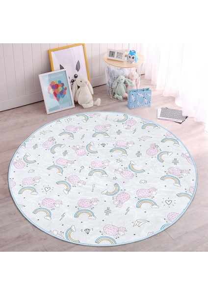 Pembe Koyunlar ve Gökkuşağı Desenli Çocuk & Genç Odası Makinede Yıkanabilir Kaymaz Tabanlı Yuvarlak Çocuk Halısı fiyatları