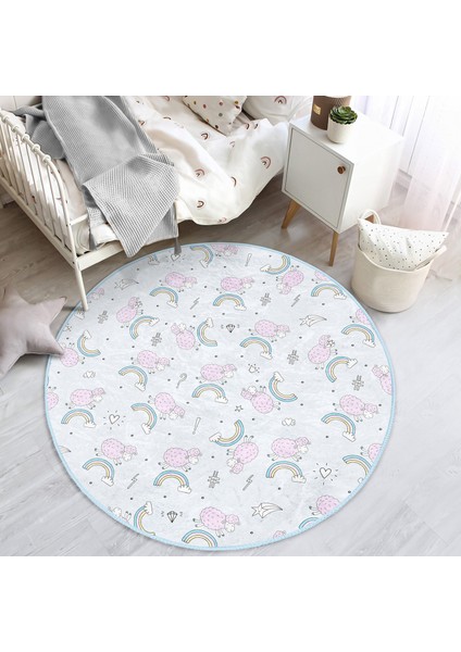 Pembe Koyunlar ve Gökkuşağı Desenli Çocuk & Genç Odası Makinede Yıkanabilir Kaymaz Tabanlı Yuvarlak Çocuk Halısı modelleri