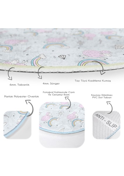 Pembe Koyunlar ve Gökkuşağı Desenli Çocuk & Genç Odası Makinede Yıkanabilir Kaymaz Tabanlı Yuvarlak Çocuk Halısı fırsatları