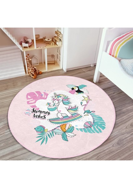 Pembe Zemin Tatil Temalı Unicorn Desenli Çocuk & Genç Odası Makinede Yıkanabilir Kaymaz Tabanlı Yuvarlak Çocuk Halısı fiyatları