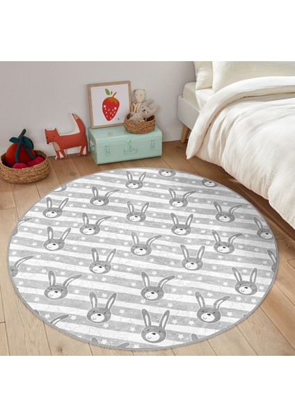Gri Tavşan Motifli Çocuk & Genç Odası Makinede Yıkanabilir Kaymaz Tabanlı Yuvarlak Çocuk Halısı