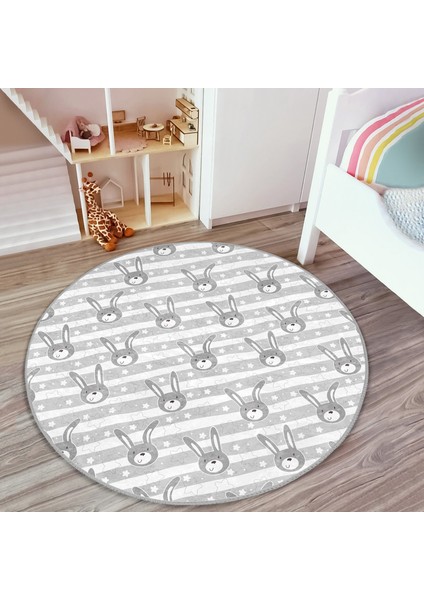 Gri Tavşan Motifli Çocuk & Genç Odası Makinede Yıkanabilir Kaymaz Tabanlı Yuvarlak Çocuk Halısı fiyatları