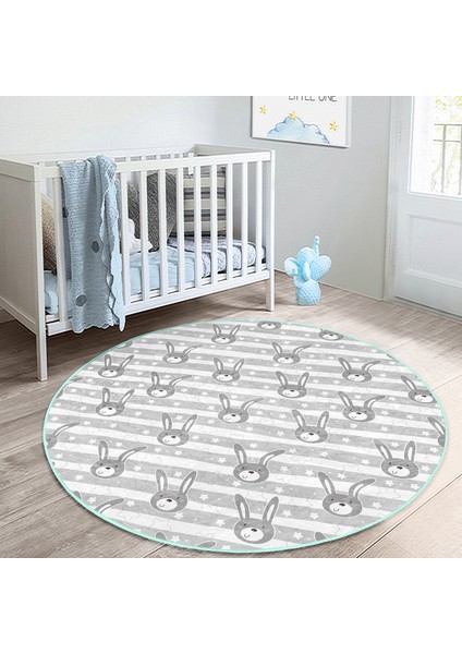 Gri Tavşan Motifli Çocuk & Genç Odası Makinede Yıkanabilir Kaymaz Tabanlı Yuvarlak Çocuk Halısı modelleri