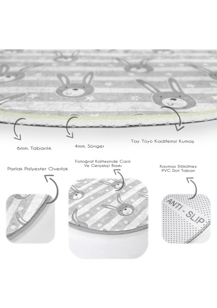 Gri Tavşan Motifli Çocuk & Genç Odası Makinede Yıkanabilir Kaymaz Tabanlı Yuvarlak Çocuk Halısı fırsatları