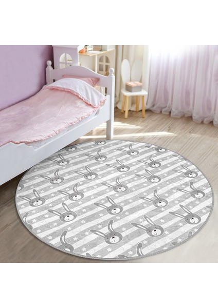 Gri Tavşan Motifli Çocuk & Genç Odası Makinede Yıkanabilir Kaymaz Tabanlı Yuvarlak Çocuk Halısı indirimleri