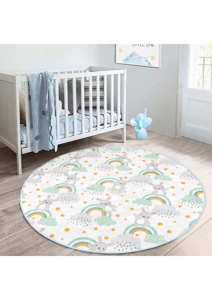 Gökkuşağı Üzerinde Tavşan Motifli Çocuk & Genç Odası Makinede Yıkanabilir Kaymaz Tabanlı Yuvarlak Çocuk Halısı