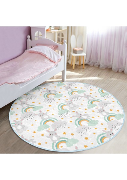 Gökkuşağı Üzerinde Tavşan Motifli Çocuk & Genç Odası Makinede Yıkanabilir Kaymaz Tabanlı Yuvarlak Çocuk Halısı fiyatları