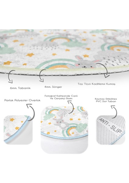 Gökkuşağı Üzerinde Tavşan Motifli Çocuk & Genç Odası Makinede Yıkanabilir Kaymaz Tabanlı Yuvarlak Çocuk Halısı fırsatları