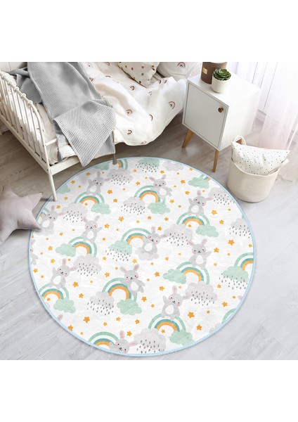 Gökkuşağı Üzerinde Tavşan Motifli Çocuk & Genç Odası Makinede Yıkanabilir Kaymaz Tabanlı Yuvarlak Çocuk Halısı indirimleri