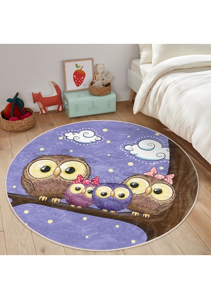 Baykuş Resimli Çocuk & Genç Odası Makinede Yıkanabilir Kaymaz Tabanlı Yuvarlak Çocuk Halısı