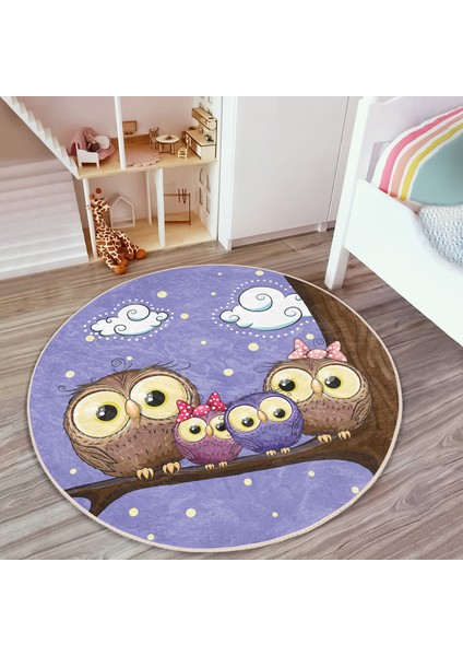 Baykuş Resimli Çocuk & Genç Odası Makinede Yıkanabilir Kaymaz Tabanlı Yuvarlak Çocuk Halısı fiyatları