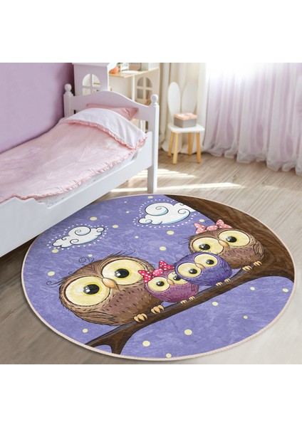 Baykuş Resimli Çocuk & Genç Odası Makinede Yıkanabilir Kaymaz Tabanlı Yuvarlak Çocuk Halısı indirimleri