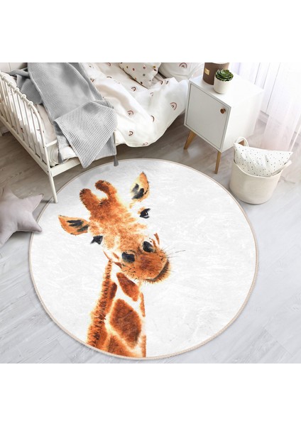 Beyaz Zemin Zürafa Desenli Çocuk & Genç Odası Makinede Yıkanabilir Kaymaz Tabanlı Yuvarlak Çocuk Halısı