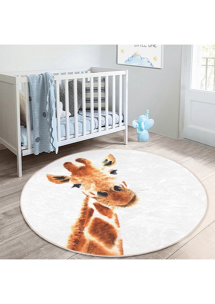 Beyaz Zemin Zürafa Desenli Çocuk & Genç Odası Makinede Yıkanabilir Kaymaz Tabanlı Yuvarlak Çocuk Halısı indirimleri