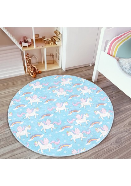 Mavi Zeminde Unicorn ve Gökkuşağı Desenli Çocuk & Genç Odası Makinede Yıkanabilir Kaymaz Tabanlı Yuvarlak Çocuk Halısı