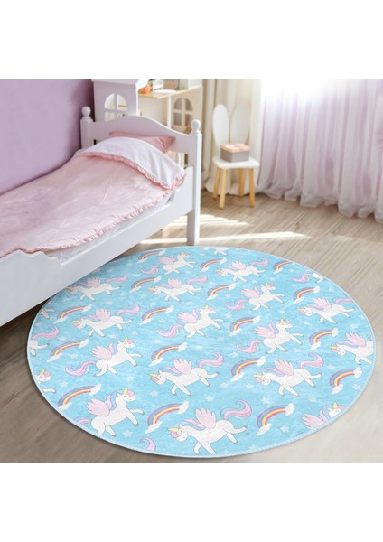 Mavi Zeminde Unicorn ve Gökkuşağı Desenli Çocuk & Genç Odası Makinede Yıkanabilir Kaymaz Tabanlı Yuvarlak Çocuk Halısı
