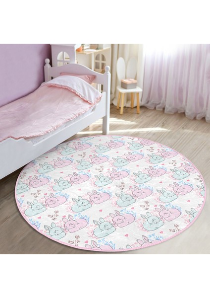 Sevimli Pembe Mavi Tavşan Desenli Çocuk & Genç Odası Makinede Yıkanabilir Kaymaz Tabanlı Yuvarlak Çocuk Halısı fiyatları