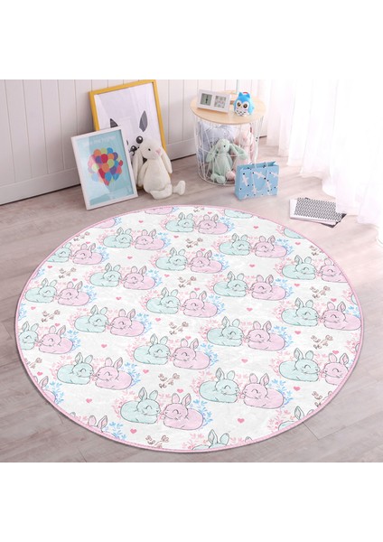 Sevimli Pembe Mavi Tavşan Desenli Çocuk & Genç Odası Makinede Yıkanabilir Kaymaz Tabanlı Yuvarlak Çocuk Halısı modelleri
