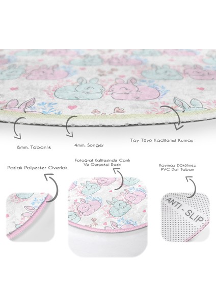 Sevimli Pembe Mavi Tavşan Desenli Çocuk & Genç Odası Makinede Yıkanabilir Kaymaz Tabanlı Yuvarlak Çocuk Halısı fırsatları