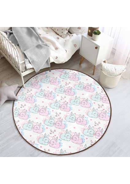 Sevimli Pembe Mavi Tavşan Desenli Çocuk & Genç Odası Makinede Yıkanabilir Kaymaz Tabanlı Yuvarlak Çocuk Halısı indirimleri