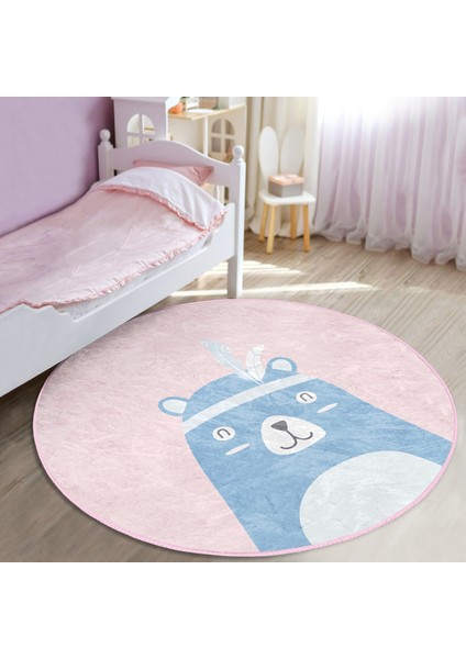 Pembe Zemin Baby Shower Yazılı Ayıcık Desenli Çocuk & Genç Odası Makinede Yıkanabilir Kaymaz Tabanlı Yuvarlak Çocuk Halısı
