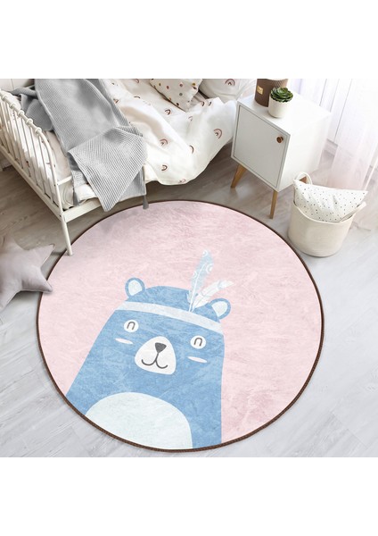 Pembe Zemin Baby Shower Yazılı Ayıcık Desenli Çocuk & Genç Odası Makinede Yıkanabilir Kaymaz Tabanlı Yuvarlak Çocuk Halısı