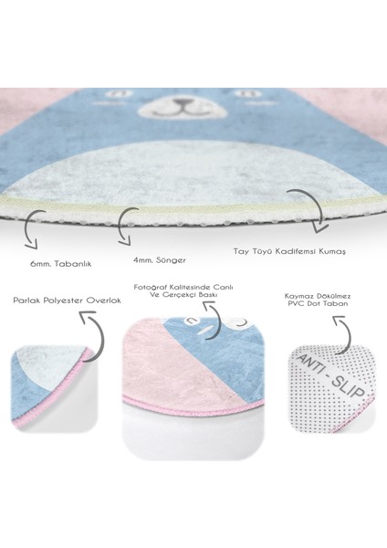 Pembe Zemin Baby Shower Yazılı Ayıcık Desenli Çocuk & Genç Odası Makinede Yıkanabilir Kaymaz Tabanlı Yuvarlak Çocuk Halısı