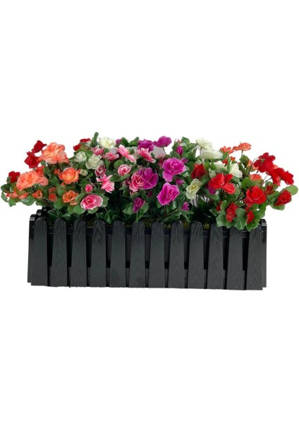 Yapay Çiçek Siyah Çit Balkon Saksısı Renkli Açelya Çiçekli 55*20CM