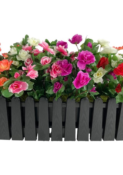 Yapay Çiçek Siyah Çit Balkon Saksısı Renkli Açelya Çiçekli 55*20CM