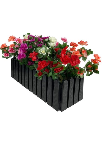 Yapay Çiçek Siyah Çit Balkon Saksısı Renkli Açelya Çiçekli 55*20CM