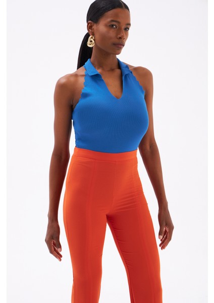 Yakalı Kolsuz Triko Bluz - Mavi