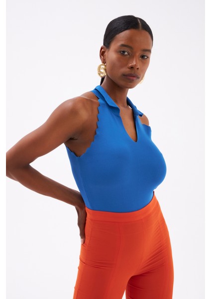 Yakalı Kolsuz Triko Bluz - Mavi modelleri