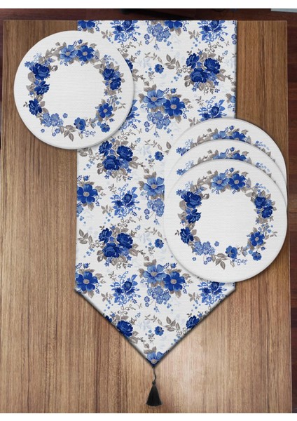Mavi Çiçek Desenli 6'lı Supla ve Runner Set