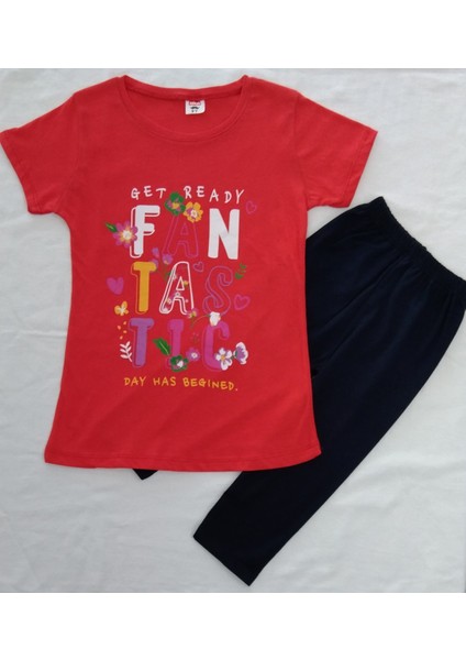 FANTASTIC Baskılı Kız Çocuk Tshirt-Tayt Takım 9-12 Yaş Kırmızı