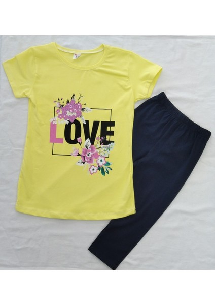 LOVE Baskılı Kız Çocuk Tshirt-Tayt Takım 9-12 Yaş Sarı