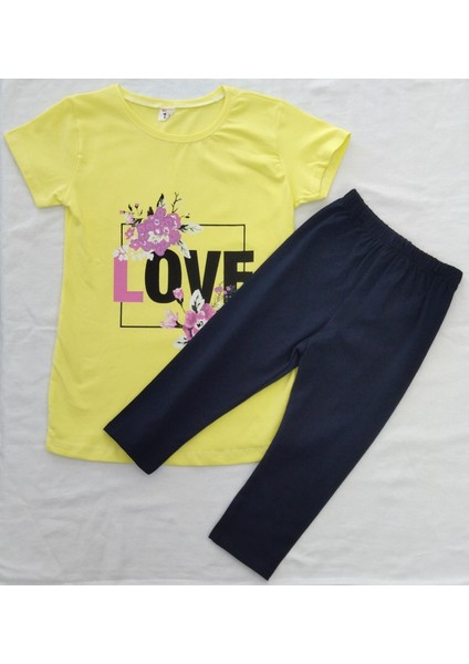 LOVE Baskılı Kız Çocuk Tshirt-Tayt Takım 9-12 Yaş Sarı