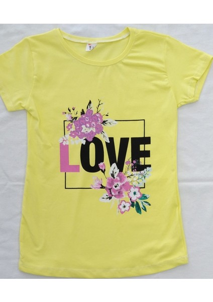 LOVE Baskılı Kız Çocuk Tshirt-Tayt Takım 9-12 Yaş Sarı