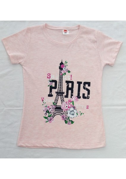 PARIS Baskılı Kız Çocuk Tshirt-Tayt Takım  9-12 Yaş Somon