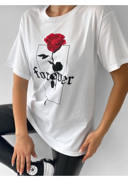 Beyaz Forever Gül Baskılı T-Shirt
