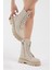 Kadın Krem Cilt Rahat Kalıp Bağcıklı Uzun Bot 3