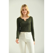 Moviment Yeşil Fitted Fitilli V Yaka Örme Bluz 